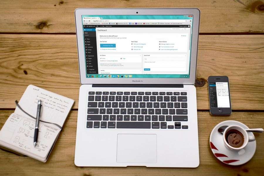 Laptop coffee workspace