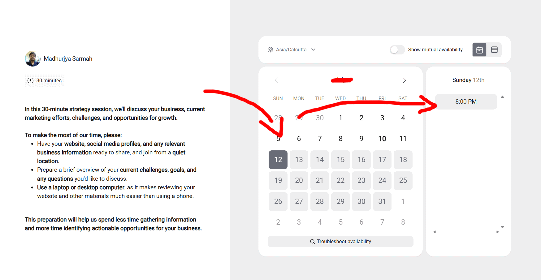 TidyCal booking preview – choose a time, book a slot, enter your details
